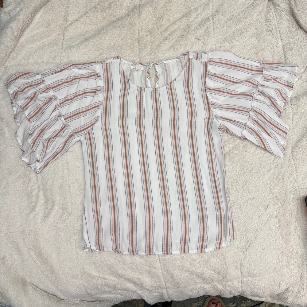 Maurices Women’s XS Cotton Blouse White Tan Blue Stripe Bell Sleeve Keyhole top